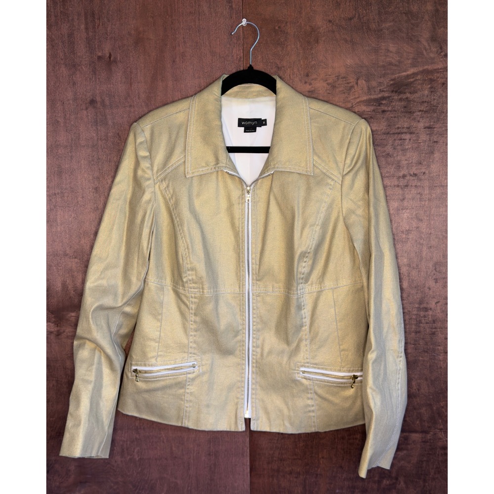 Womyn Gold Metallic Zip Up Jacket Womens Size M Collared Shimmer Lightweight
